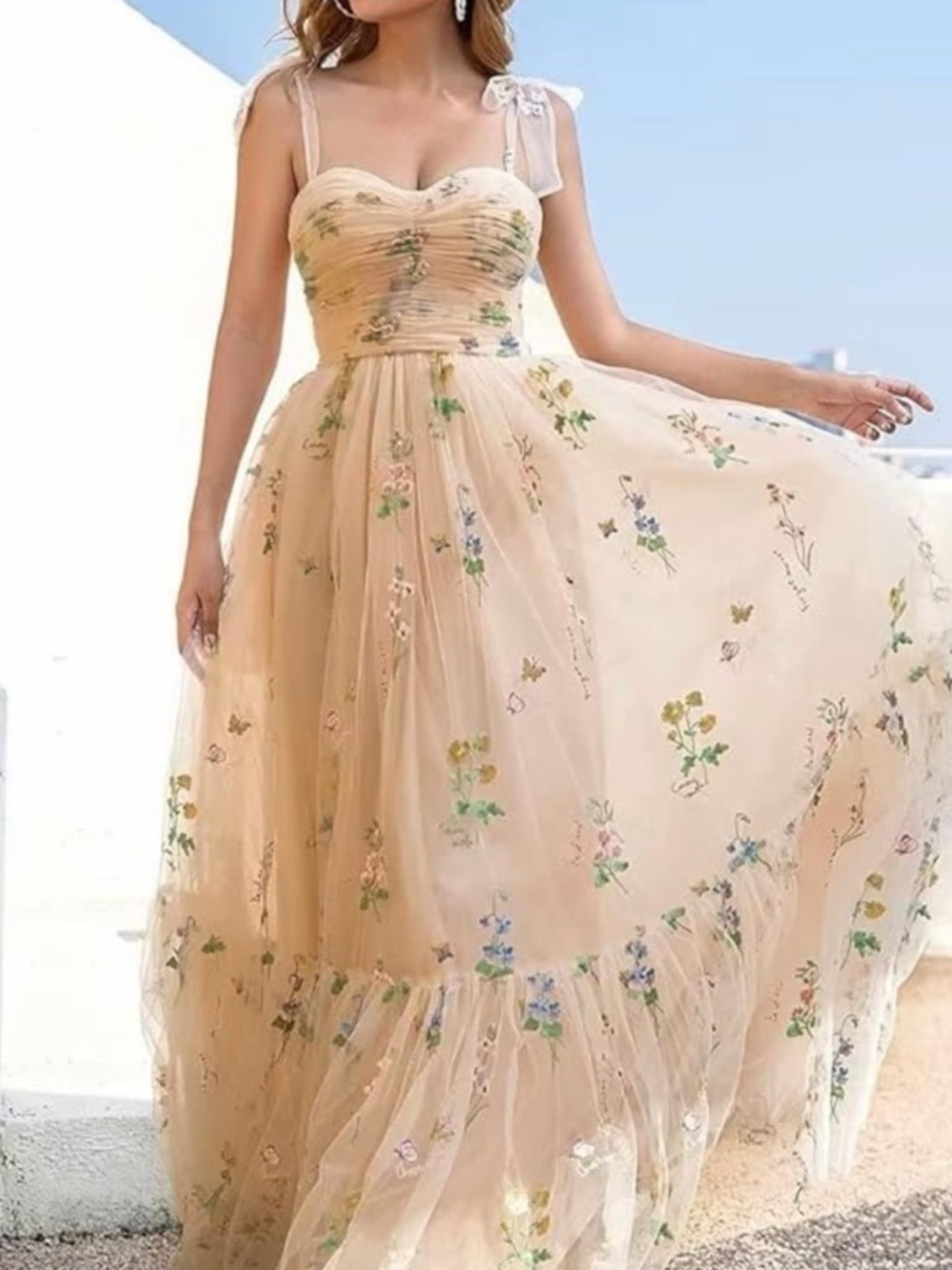 Ethereal Cream Floral Tulle Maxi Dress
